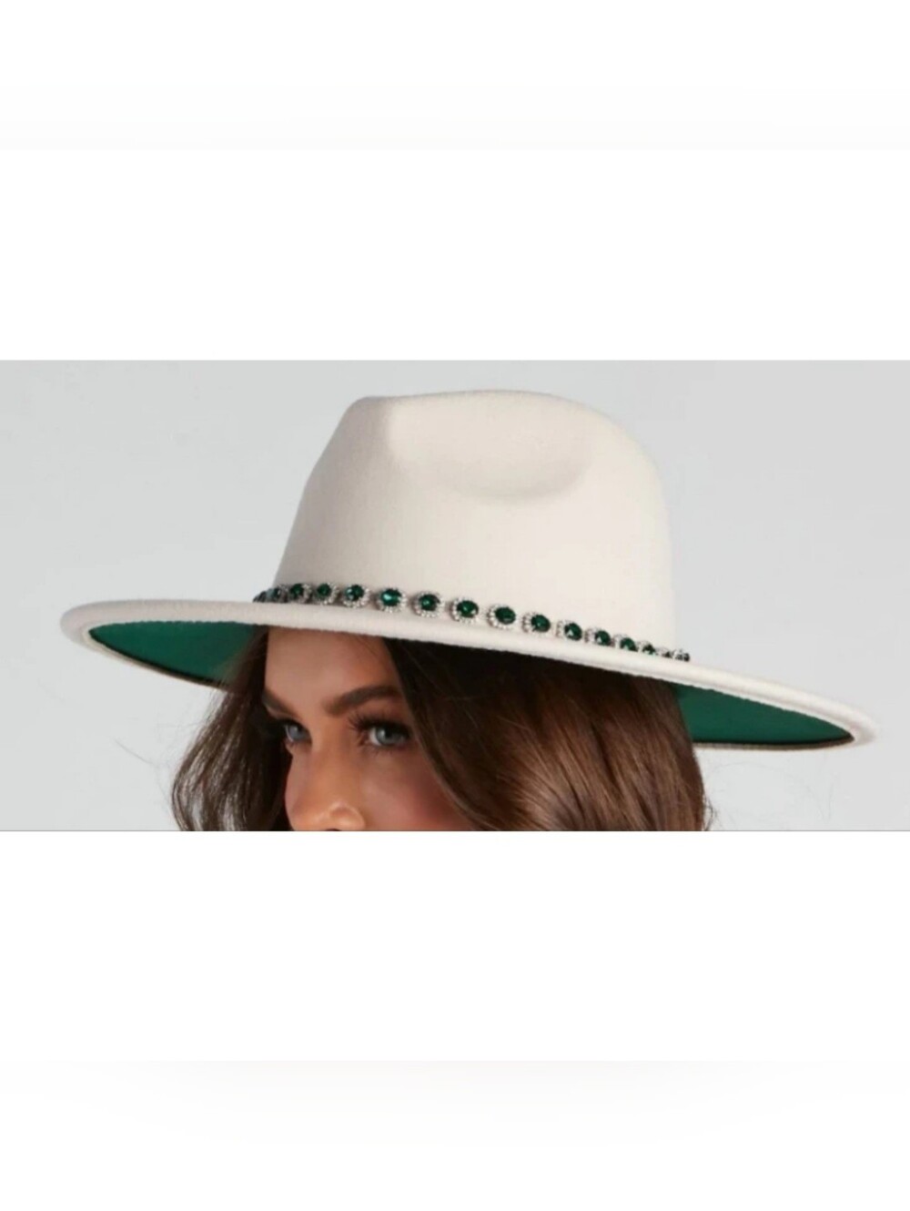 Cream And Emerald Green Womens Fedora